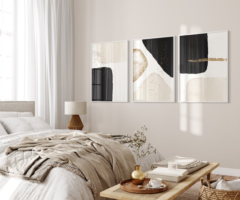 Black and Gold Wall Art Set of 3 Prints Abstract Modern Art Etsy