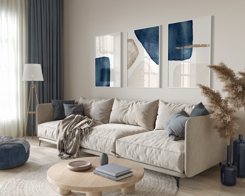 Navy Gold Wall Art Set of 3 Prints Abstract Modern Art Etsy