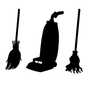 Puede incluir: Ilustración en silueta negra de herramientas de limpieza, incluyendo una escoba, una aspiradora y una fregona. La imagen representa suministros de limpieza doméstica.