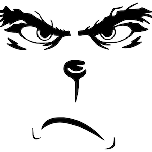 Puede incluir: Ilustración en blanco y negro de una cara con cejas enojadas, ojos entrecerrados y una boca fruncida.