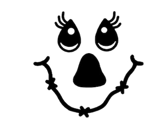 May include: Black and white illustration of a smiling scarecrow face with eyelashes, a nose, and a stitched mouth.