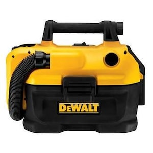 May include: A yellow and black DEWALT portable wet/dry vacuum cleaner. The vacuum has a black handle, a black hose, and the DEWALT logo in yellow. The vacuum is designed for both wet and dry cleaning.
