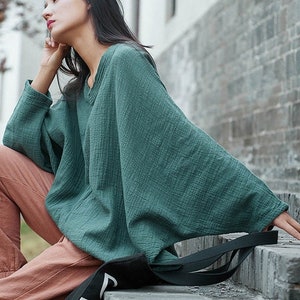 Linen Women Loose Tunic Pullover Sweater Jumper Shirt Blouse V Collar  liziqi 190521a