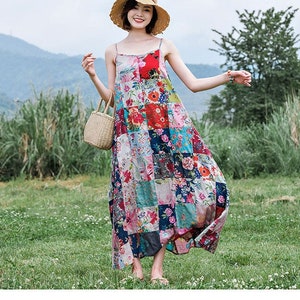 Patchwork Maxi Dress with Sparghetti String, V neck long dress, vintage flower print dress, cotton women dress, boro dress 092355a