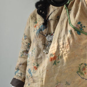 Linen Cotton Women Quilted Chinese Long Tunic with Vintage Print and Traditional Buttons, Linen Cotton Scarf Set 231919t
