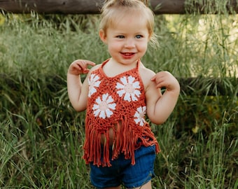 Crochet Sunflower Halter Top: Boho Fringe, Custom Colors