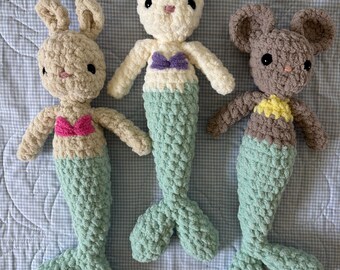 Crochet Mermaid Plush: Handmade Stuffed Animal - Mouse, Bunny, or Cat