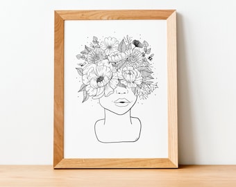Illustration woman flowers Black and White , Illustration Commission, Digital Art, Gift, Drawing, Decor, Color