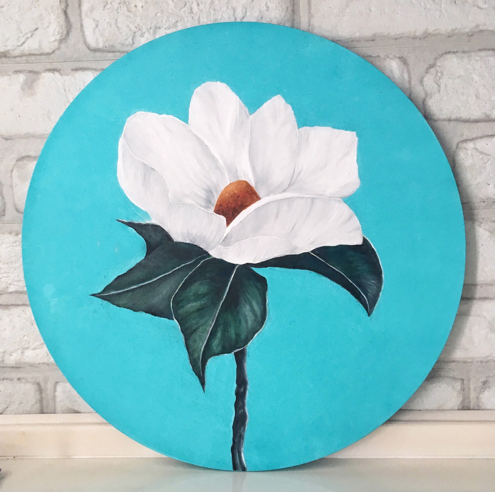 Round Floral wall art White flower art Round paintings White Etsy