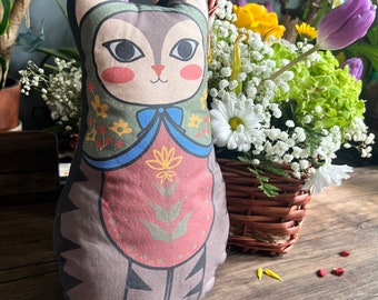 Catryoshka Tabby Kitty Cat Nesting Doll Plush Pillow Original artwork with Vintage Out of Print fabric backing