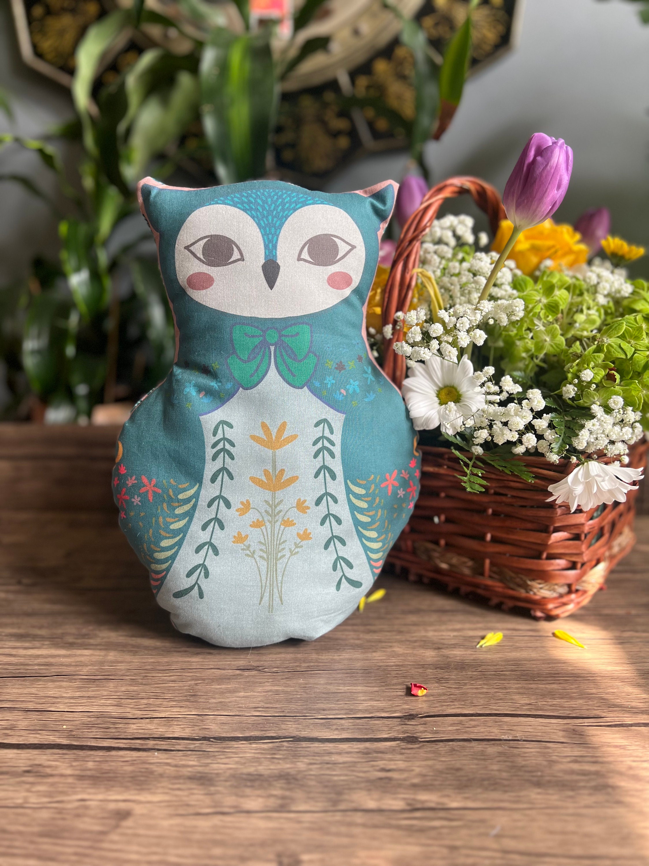Catryoshka Teal Owl Nesting Doll Plush Pillow Original artwork with Vintage Out of Print fabric back
