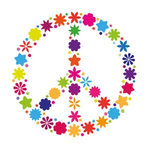 May include: A colorful peace symbol composed of various flower and star shapes in shades of red, pink, orange, yellow, green, blue, and purple. The design is set against a white background, creating a vibrant and cheerful image.