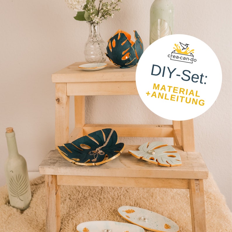 DIY-Set: Monstera Tonset, DIY-Kit für lufttrocknenden Ton, Töpfern zu Hause, Töpfer-Set Bild 1