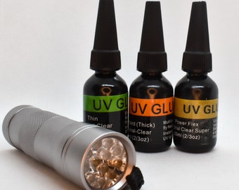 UV 3 Resin Glue Combo and Torch (Thick, Thin, Flex) Includes How-To Instructional Video!!! Perfect Adhesive For Arts and Crafts Durable