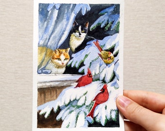 Christmas watercolor painting Cat watercolor art Cats painting Winter watercolor painting Winter Christmas watercolor card Small watercolor