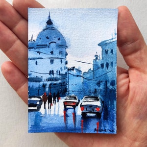 Arte original de ACEO Pintura de acuarela de Aceo Tarjetas coleccionables del artista Pintura de paisaje urbano de Aceo Arte urbano original de Aceo Pequeña pintura de acuarela