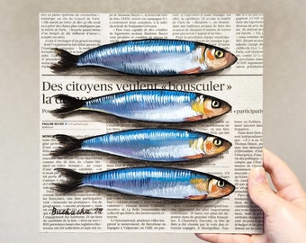 Fish painting on Newspaper art Sardine painting on Newspaper Original oil painting Sardine art Fish still life Seafood painting Food art