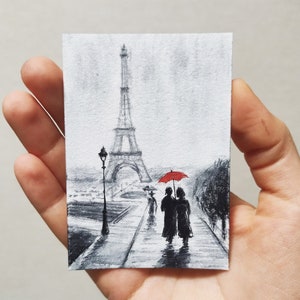 ACEO Original painting ACEO cards aceo watercolor Paris Landscape watercolor miniature painting Small Artwork Couple ACEO 2.5X3.5 inches