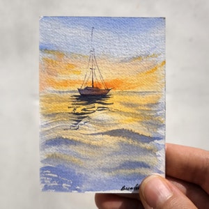 ACEO Arte originale ACEO dipinto di barca Aceo acquerello paesaggio marino Carte collezionabili dell'artista Barca dipinto ad acquerello Paesaggio marino Aceo Card Dipinto di barca