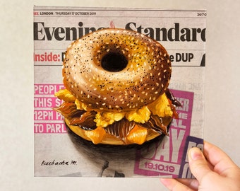 Bagel painting Newspaper painting Newspaper art  Breakfast painting on Newspaper Original Newspaper Wall Art Burger painting Food painting