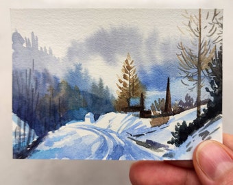 Arte original de Aceo Pintura original de Aceo Pintura de acuarela de Aceo Pintura de paisaje invernal de Aceo Pintura de nieve Tarjetas de Aceo Tarjetas pintadas de Aceo