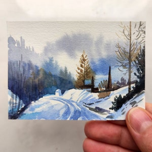 Aceo Original Art Aceo Original painting Aceo watercolor painting Aceo Winter Landscape Snow painting ACEO cards Aceo painted cards