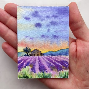 Aceo Original Kunst ACEO Provence Malerei ACEO Aquarell Toskana Wandkunst Lavendelfeld Miniatur Aquarellmalerei Kleine Landschaft Art
