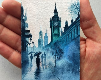 ACEO cards ACEO Original painting Aceo watercolor Aceo original art London Landscape watercolor miniature painting Small Artwork 2.5X3.5 in.