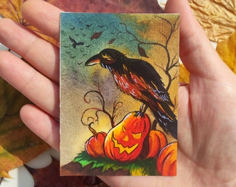 Arte original de Aceo ACEO Pintura de cuervo Pintura de Halloween Cuervo Tarjetas Aceo Pintura de calabaza Aceo Halloween Acuarela Espeluznante Miniatura ACEO