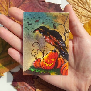 Arte original de Aceo Pintura de cuervo de ACEO Pintura de Halloween Tarjetas de cuervo de Aceo Pintura de calabaza Aceo Halloween Acuarela Escalofriante ACEO Miniatura