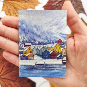 Aceo Original Art Aceo Original painting Aceo Iceland watercolor painting Aceo Winter Iceland Landscape Snow painting ACEO cards Iceland art