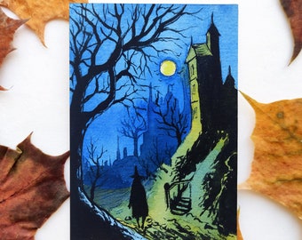 Arte original de Aceo Pintura original de Halloween de Aceo Arte de acuarela de Halloween de Aceo Pintura espeluznante de Aceo Tarjeta de artista de bruja de Aceo