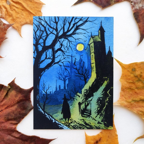 Aceo Original Art ACEO Original Halloween painting Aceo halloween Watercolor halloween art aceo Spooky painting aceo witch artist card