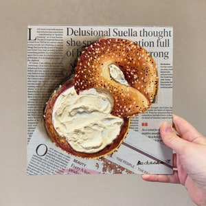 Bagel painting Newspaper art Impasto painting Newspaper painting Bagel art on newspaper Food painting Original Newspaper Wall Art Food art