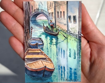 Aceo Original painting Aceo original art  Aceo watercolor Venice painting ACEO card Venice miniature original watetcolor Boat painting cards