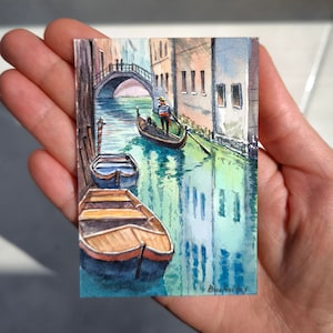 Aceo Pintura original Aceo arte original Aceo aquarela Veneza pintura ACEO cartão Veneza miniatura original watcolor Barco pintura cartões