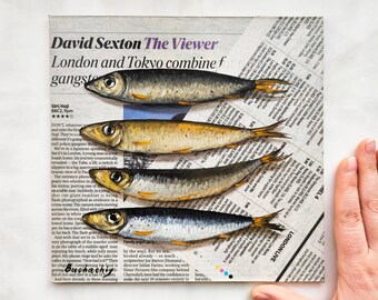 Fish painting on Newspaper art Sardine painting on Newspaper Original oil painting Sardine art Kitchen still life Seafood painting Fish art