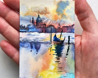 Aceo Original painting aceo watercolor Venice painting ACEO card Venice Aceo original art miniature original aceo watetcolor Boat painting
