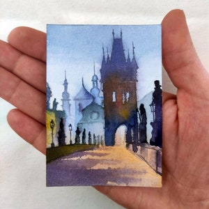 Aceo Original Kunst ACEO Prag Original Aquarell Malerei ACEO Aquarell Kleines Bild Aceo Stadtbild Künstler-Sammelkarte Aceo Prag Kunst