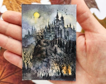 Arte original de Aceo Pintura original de Halloween de Aceo Arte de acuarela de Halloween de Aceo Pintura espeluznante de Aceo Tarjeta de arte de Castillo de Aceo