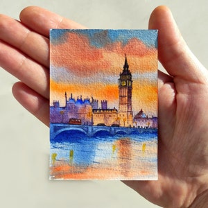 ACEO Arte original Pintura ACEO Aquarela Aceo Cartões Aceo Pintura em miniatura em aquarela Paisagem de Londres Aceo Aquarela pequena 2,5 x 3,5 pol.