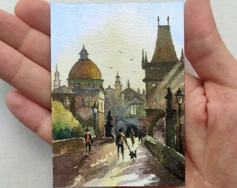 Aceo Original Art ACEO Prague Original painting ACEO watercolor Cityscape miniature painting Aceo original art Small Artwork 2.5X3.5 inches