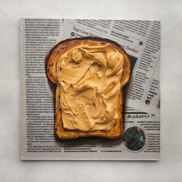 Toasts au beurre de cacahuètes Peinture empâtement Art de journal Peinture de nourriture sur papier Peinture de journal Art de pain grillé Art mural de nourriture Art mural de journal
