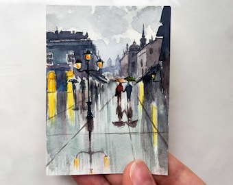 ACEO Original painting Aceo watercolor Aceo original art Paris Landscape watercolor miniature painting Small Artwork couple painting 2.5x3.5