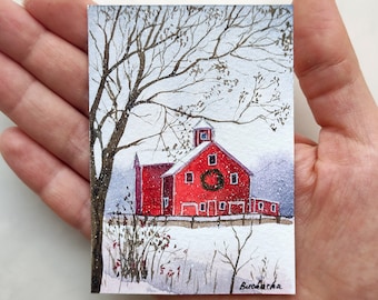 ACEO Original Art ACEO watercolor painting Christmas ACEO cards Red barn painting Winter aceo Old barn painting Aceo Winter landscape art