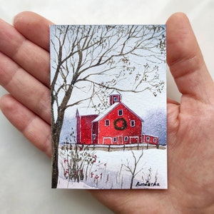 ACEO Original Art ACEO watercolor painting Christmas ACEO cards Red barn painting Winter aceo Old barn painting Aceo Winter landscape art