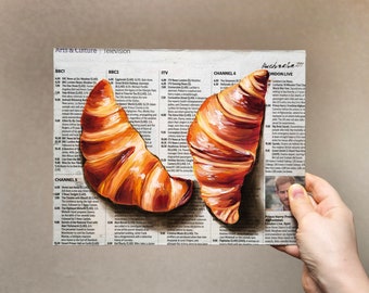 Croissant Painting on Newspaper art Newspaper Painting Newspaper wall art  Breakfast painting Croissant Art Kitchen art Newspaper decor