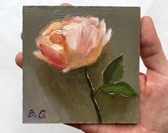 バラの油絵キャンバスオリジナル、花のアート絵画、花の咲く絵画、淡い