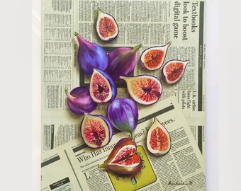 Fig Painting on Newspaper painting Newspaper art Original fruit oil painting Art for kitchen Fig still life Kitchen oil painting Fig art