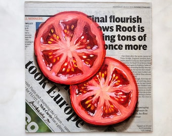 Tomato painting on Newspaper art Vegetable painting Tomato art Newspaper painting Vegetable Still Life Food oil painting kitchen wall art